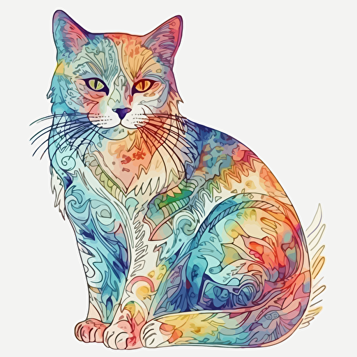 cat, Cheerful, Neon, Contour, Vector, White Background, light watercolor, few details, dreamy, Batik