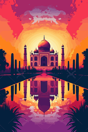 taj mahal, illustration, painting, colorful, sun in sky, front view, flat,vector