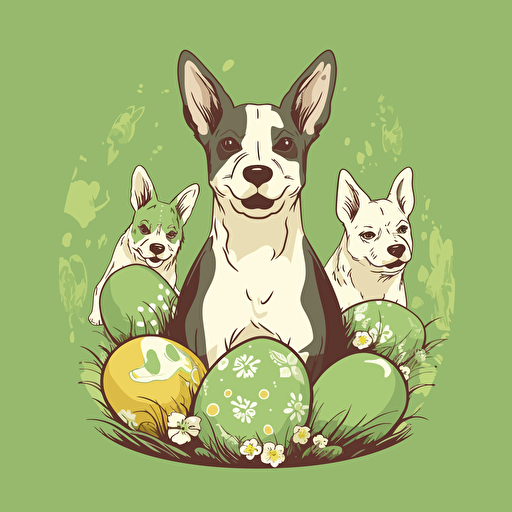 easter bunny with happy dogs around easter egs. Vector grafic, Green background