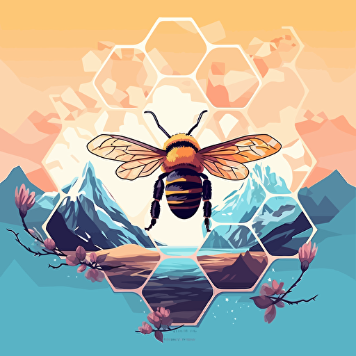 create a wallpaper of nature, include bees, ice cold mountian behind, vector, leave a place for logo more to the left, use only 5 colors,