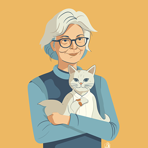 vector art style, 62 year old female tech executive, holding a cat, in the style of Micheal Parks