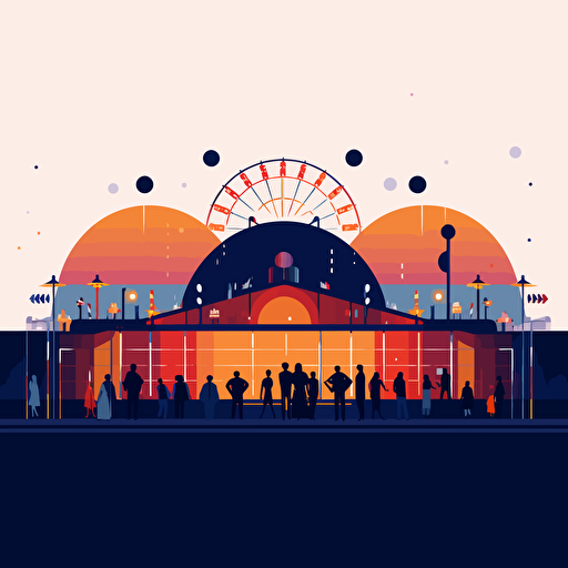 simple flat illustration of a fairgrounds at night with a few people, limit 5 colors, minimalist vector drawing