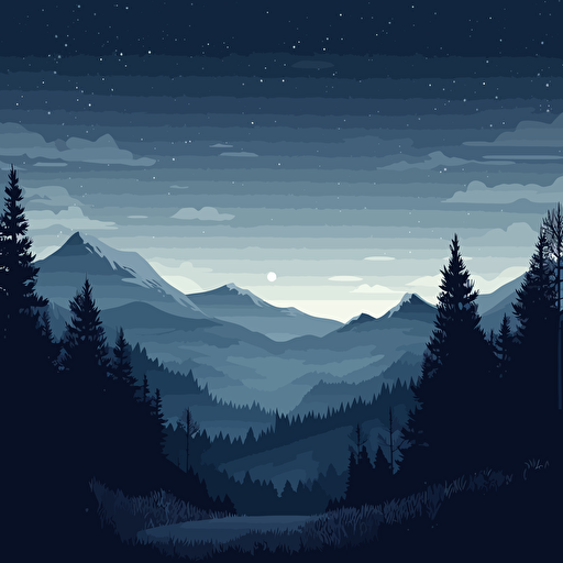 wide landscape scene of night sky. Mountains and trees. 2D vector illustration.