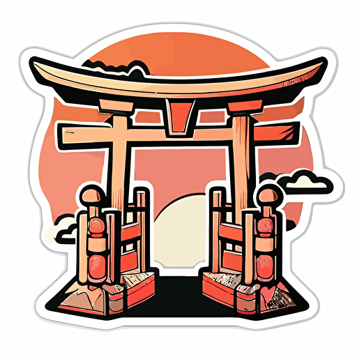 sticker, map of japan, torii gate, kawaii, contour, vector, white background
