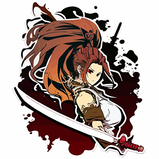 Girl with Sword, Sticker, Intense, war colours, Anime, Contour, Vector, White background, Mininal