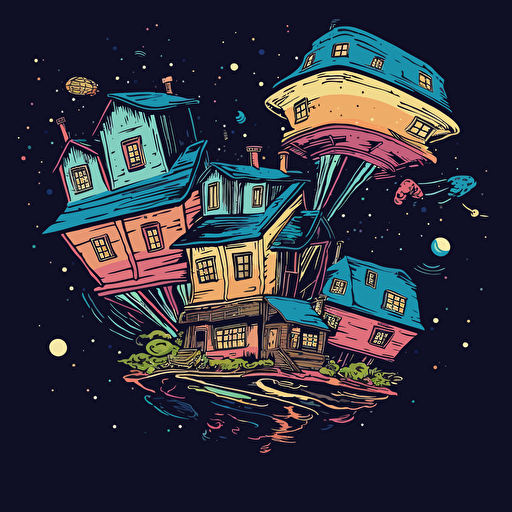 flying houses in the galaxy, vector, a simple drawing, q 2