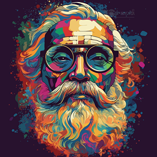 apocolyptic, old man, beard, vector style, psychadelic, 1970's era, vector style