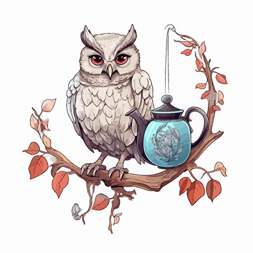 a happy Owl holding a glass coffee pot, gray color, cream color owl, sitting on a branch, white background, vector illustration, illustration