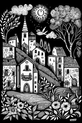 svg vector drawing, doodle style, detailed sharp artwork, A picturesque spring village in Italy black and white, maximalist art style, by Karla Gerard, Periwinkle