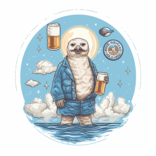 a seal in dungarees. He is a sailor. He looks happy and is holding a beer glass for a toast. Good weather clouds. Seagulls. 2D illustration vector based. Make this an emblem.