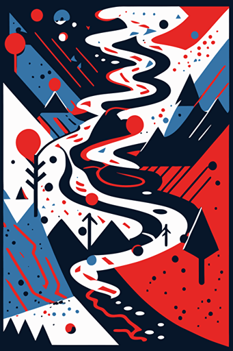 abstract hiking map, simple geometrical shapes, blue, red and white colors, pop art deco illustration, hand vector art, black background,