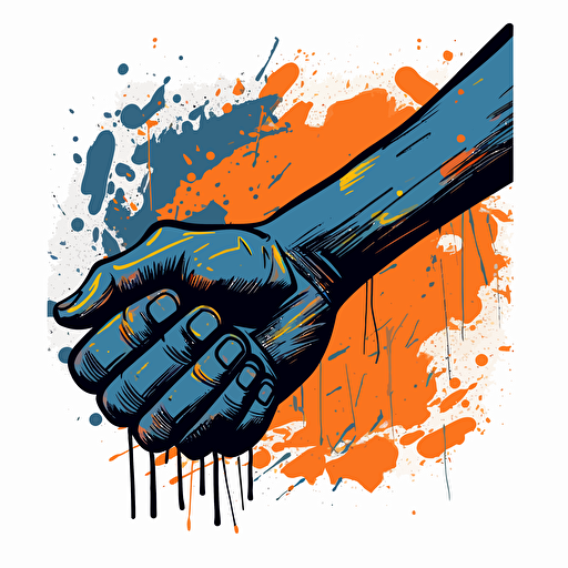 a vector image of a firm handshake, blue and orange and dark gray, graffiti style
