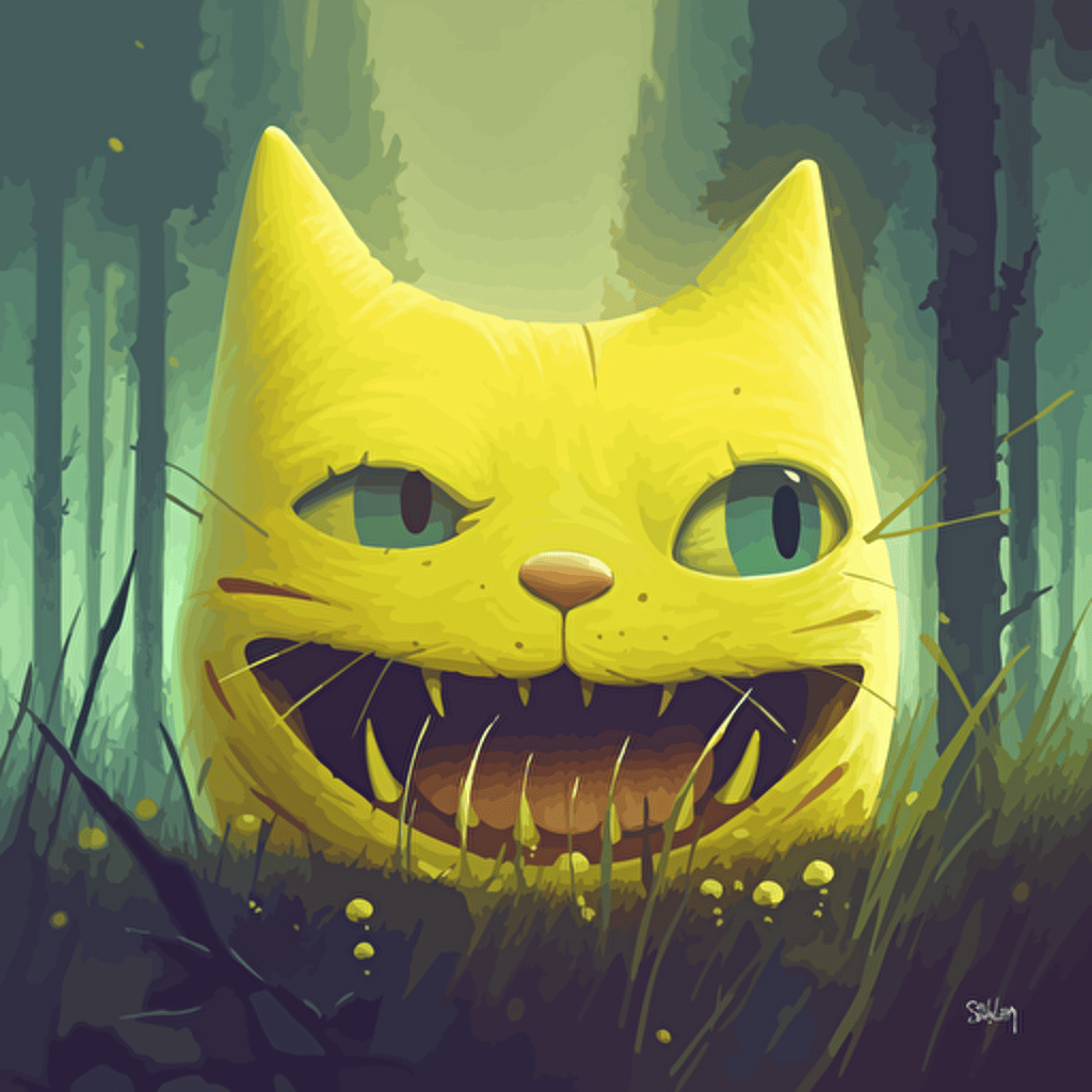 Creepy smile, yellow cartoon cat face, cartoon, painted, vector art, by simon stålenhag