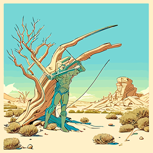 giant statue shooting bow and arrow submerged in desert sand surrounded by yucca trees by moebius, comic book style, 2d vector art, flat colors