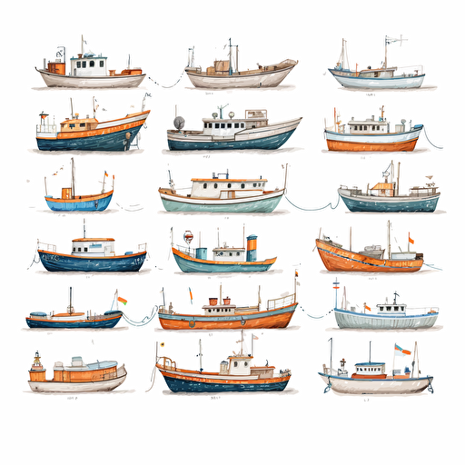 a grid of different boat sizes from small to large, vector, white background