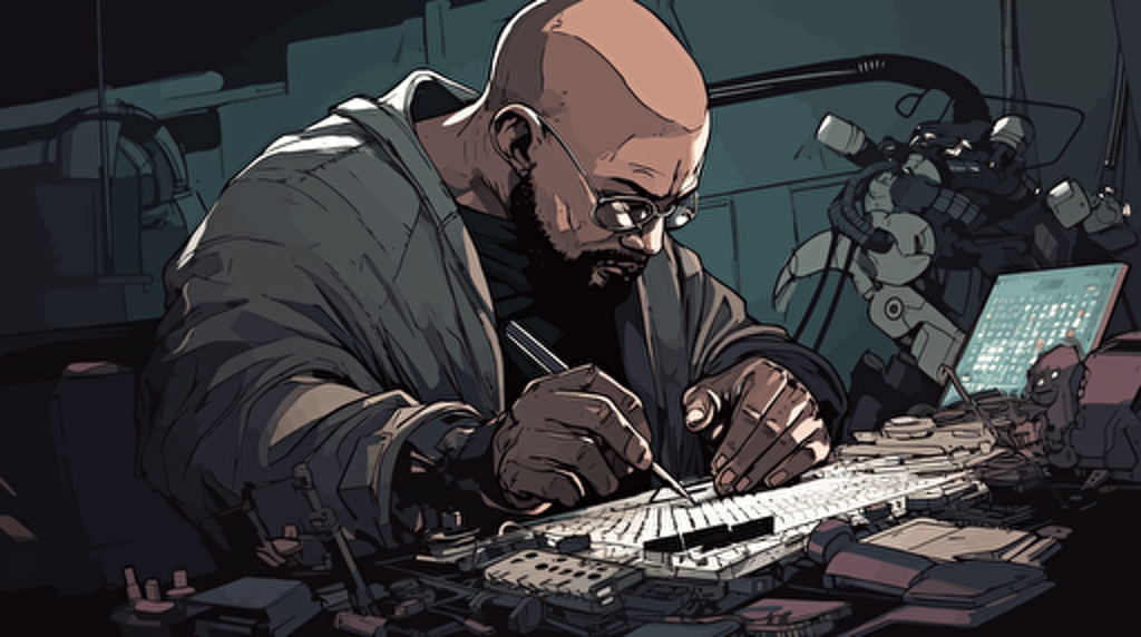 A bald Dominican man with a beard building a futuristic gundam. vector art, moody lighting, high resolution