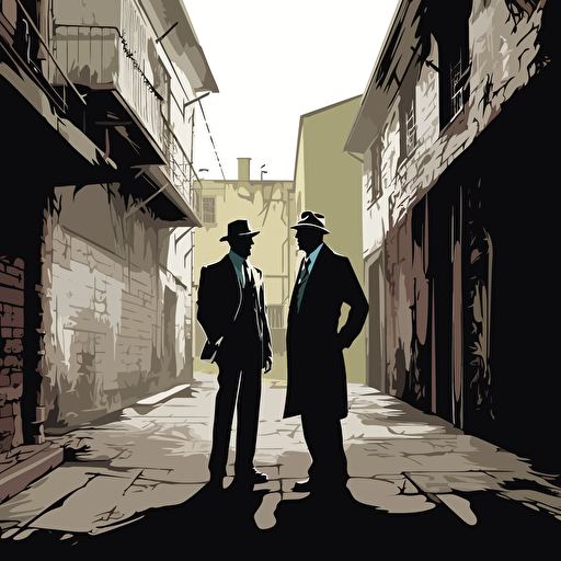 2 shady men in suits meeting in a alley, vector art