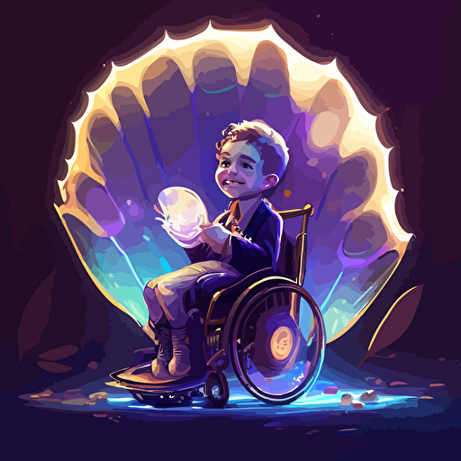 a young boy smiling in a wheelchair holding a beautiful oyster, but in the place of a pearl inside, there is a glowing viral vector