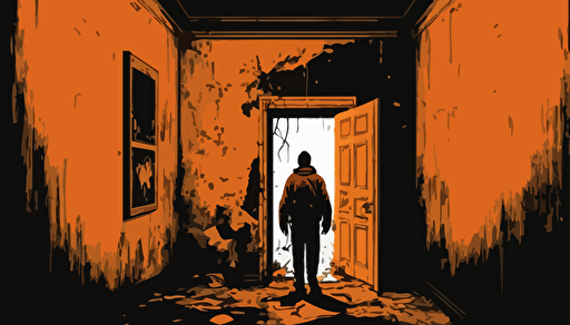 illustration of a man standing in a decrepit old orange room, vector, 2d animation