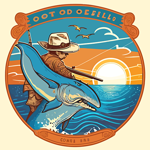 Logo and brand for the "Saltwater Cowboy OBO" featuring view from a modern fishing boat looking out at a young athletic Cowboy, tan skin, wearing a cowboy hat, sunglasses, riding on top of a large blue marlin jumping out of the ocean with the sunset in the background, flat, vector, 2D, modern