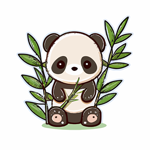 cut sticker of a panda woth bamboo, cute, cartoon, simple vector, flat colors
