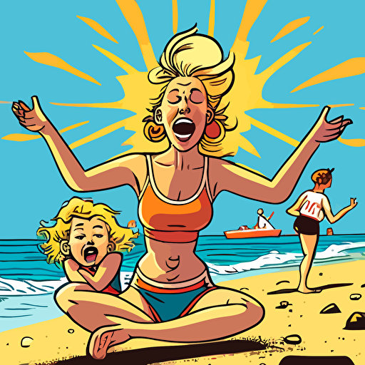 a funny cartoon of mother trying to relax at the beach by doing a yoga pose and a child in the background making trouble, funny, hilarious, vector