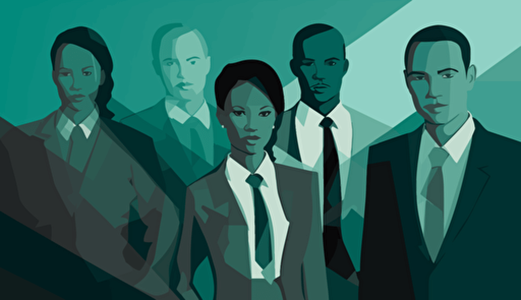 Executive search, group of potential leaders, multi-gender, multi-culture, multi-ethnicity, vector illustration, dark teal and grey