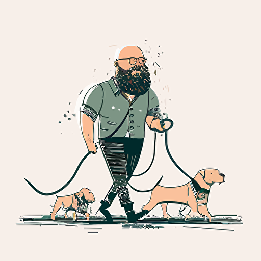 a bald bearded man walking dogs on a leash, digital rendering, avatar image, simple clean vector