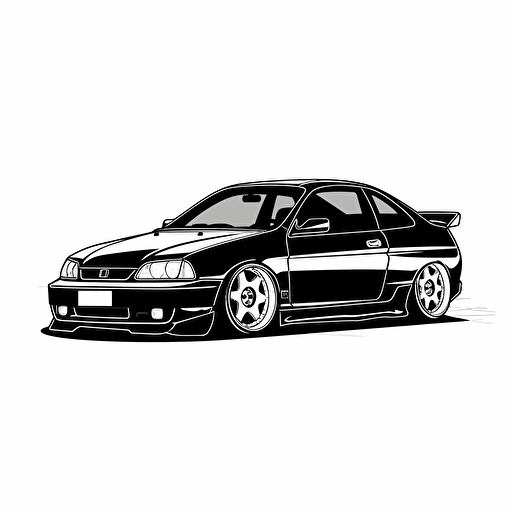 Black and white Flat vector 2D, a 1999 honda civic coupe, lowered suspension, black and white, vector logo design logo