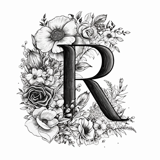 letter R logo, cute, flowers, excessive detail, black white, no background, white background, vector