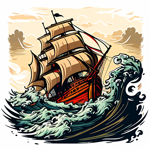sticker art, vector logo, a beautiful ship crossing a raging sea,