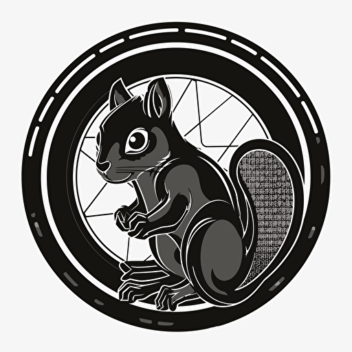 cyber punk black squirrel, vector, logo, white background, bicycle rim border, clipart style,