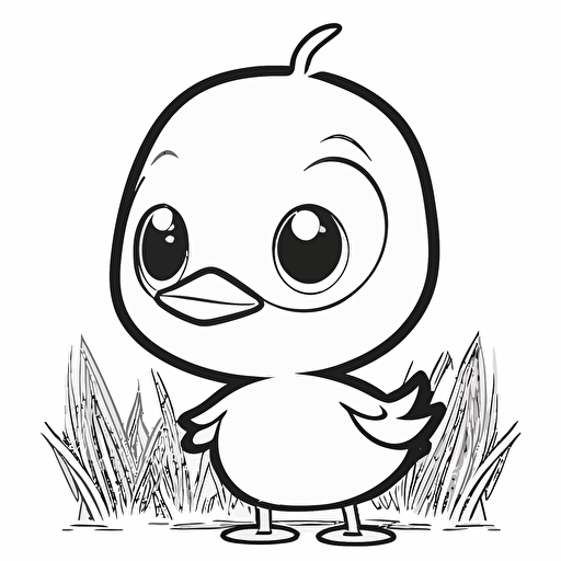 cute duck in farm, big cute eyes, pixar style, simple outline and shapes, coloring page black and white comic book flat vector, white background