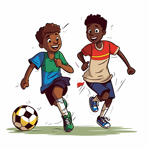 Vector illustration of handsome, happy 9 years old black boy and 9 years old white boy playing soccer in vivid colors with white background
