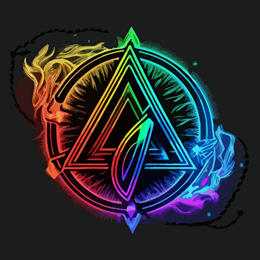 Make a highly detailed vector image of a logo for new apparel company, make this design modern and simple, intense neon rainbow outline, in the style of a 1940's alchemical symbol for the philosopher's stone, v5