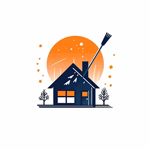 logo, cleaning service, vector, simple, minimalist, modern, white background, broom, stars, house, window**