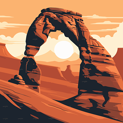 Delicate Arch Moab with mountains behind it, 2d vector, flat design, minimalism, illustration, bright, sunny