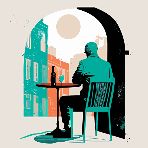minimalistic illustration, man sitting at alfresco table drinking wine, leaning backwards into chair, looking out over the piazza, motif style, vector