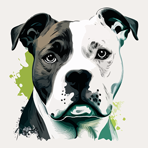 vector style fat pitbull/bulldog mix, white with black ear, huge eyes