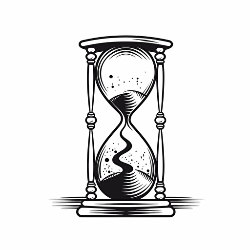 A simple black and white vector image of an hourglass that is running out. There is only a small amount of sand left in the top chamber. The outline of the hourglass and the sand is black on a white background. Output in SVG format