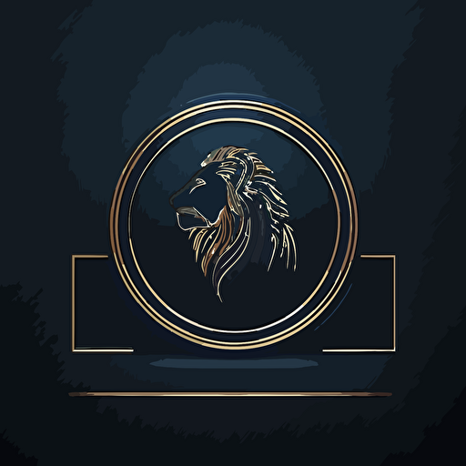 minimalist circle with golden borders vector logo, dark blue background, a geometric lion inside the circle.
