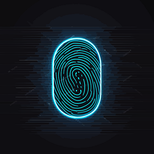 neon fingerprint sign icon, neon vector illustration royalty free радела, in the style of focus on materials, detailed background elements, light blue and dark black, rounded shapes, flat backgrounds, hyper-detailed, cryptidcore