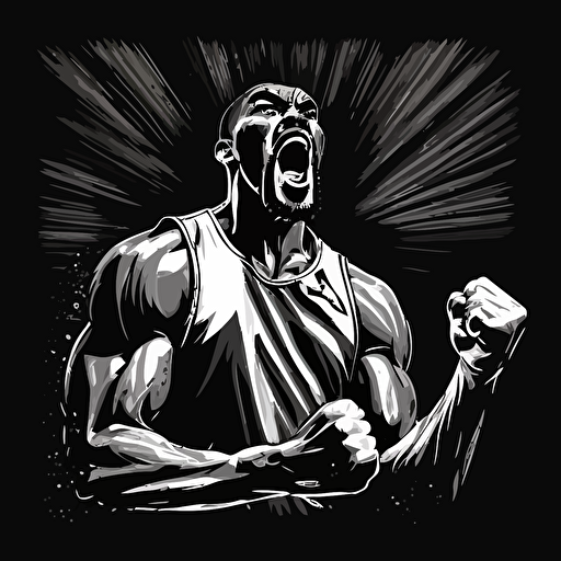 a vector style illustration in black and white of a basketball player facing front with clinched fists and winning expression