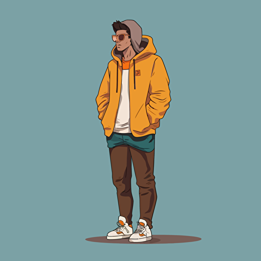 student wearing hoodie by tim lahan, flat colors, three quarter pose, 2d vector art