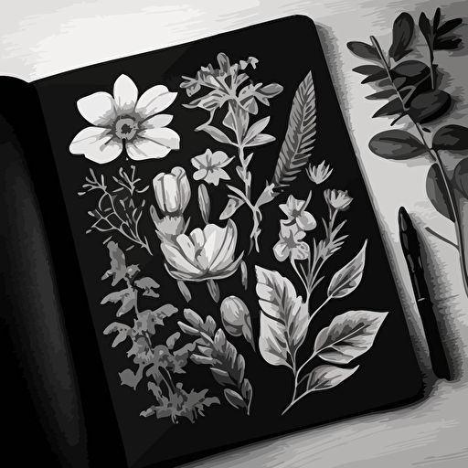 pdf vector drawing of florals and botanicals, black and white, fine line