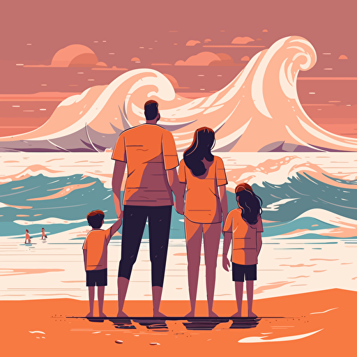 A family with three children at the beach watching the ocean waves, a teen boy, a child girl, a toddler boy, illustration, vector, flat style
