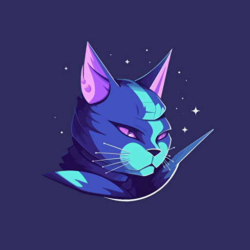 flat 2d vector logo of a space traveling batlle warrior cat, minimalist, purple and blue colors