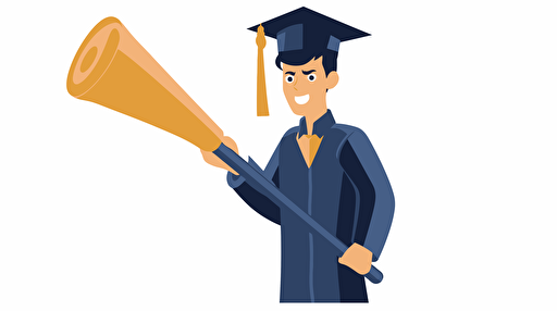 vector illustration of a student holding a blue and gold flag and a foam sword, blue and gold