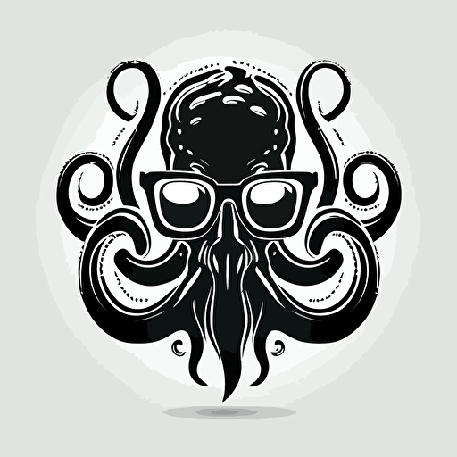 Retro futuristic iconic logo of octopus corporate exorcist, sunglasses, black vector, on white background