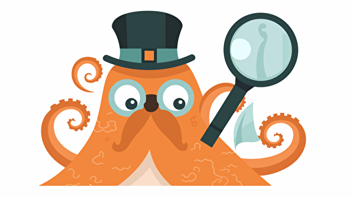 simplified flat art vector image of octopus, magnifying glass, tiny hat, white background